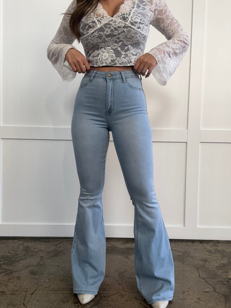 Light Wash High Waisted Bell Bottom Flare Stretch Jeans