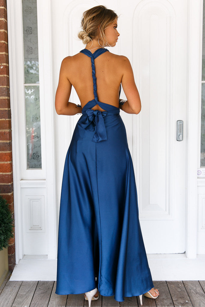 The Perfect Date Satin Maxi Dress (Navy)